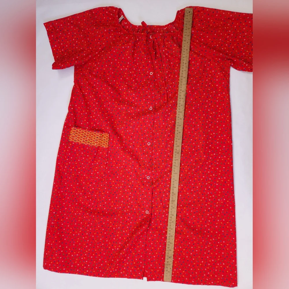 Vintage 80s Red Floral Snap Smock Craft House Dress Apron Womens Large - Picture 12 of 14
